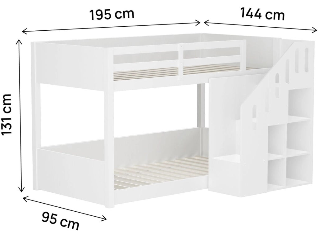 Letto a castello in legno con scaletta e contenitori "Léana" - 90 x 190 cm - Bianco