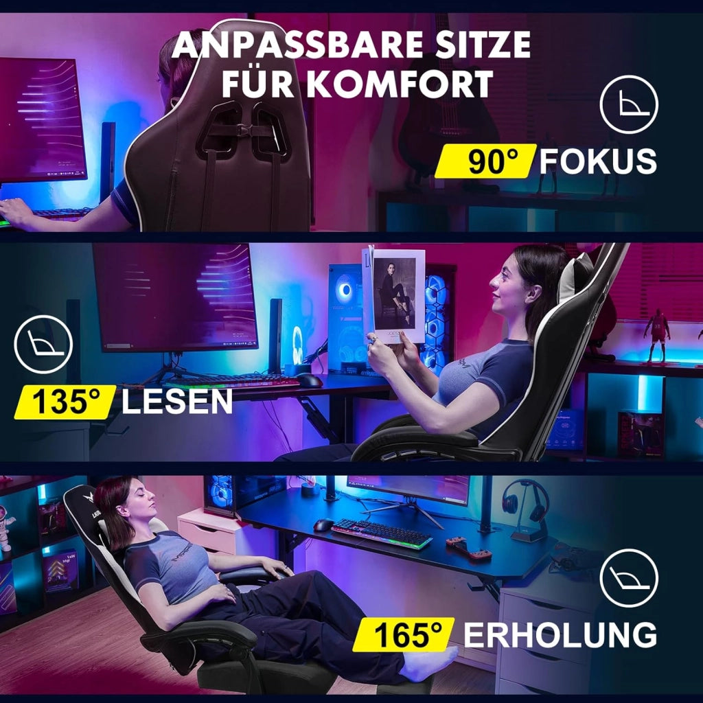 Sedia da gioco con poggiapiedi, ergonomica, con cuscino lombare regolabile, cuscino da gaming, sedia da gamer, altezza regolabile, portata 150 kg, colore: bianco