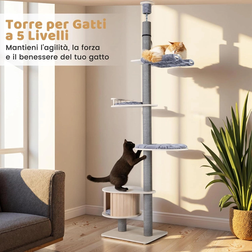 Albero per Gatti a 5 Piani, Tiragraffi per Gatti in Legno con Altezza Regolabile, Piattaforme, Condo, Tiragraffi, Piattaforme e Cuscini, Mobile da Interno per Gattini per Arrampicata