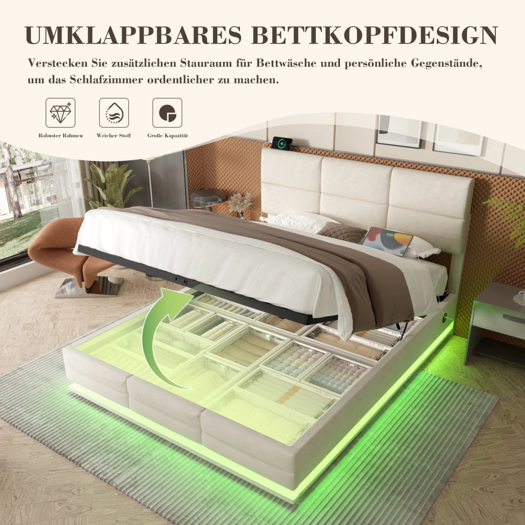 LETTO 140x200 cm in velluto beige con testiera regolabile, LED, USB e vano contenitore