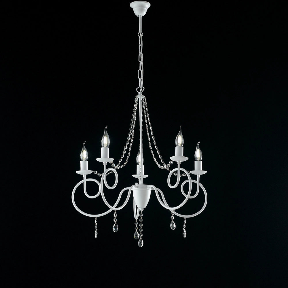 Lampadario Classico 5 Luci Ferro Bianco Shabby E Cristalli Serie Elegant