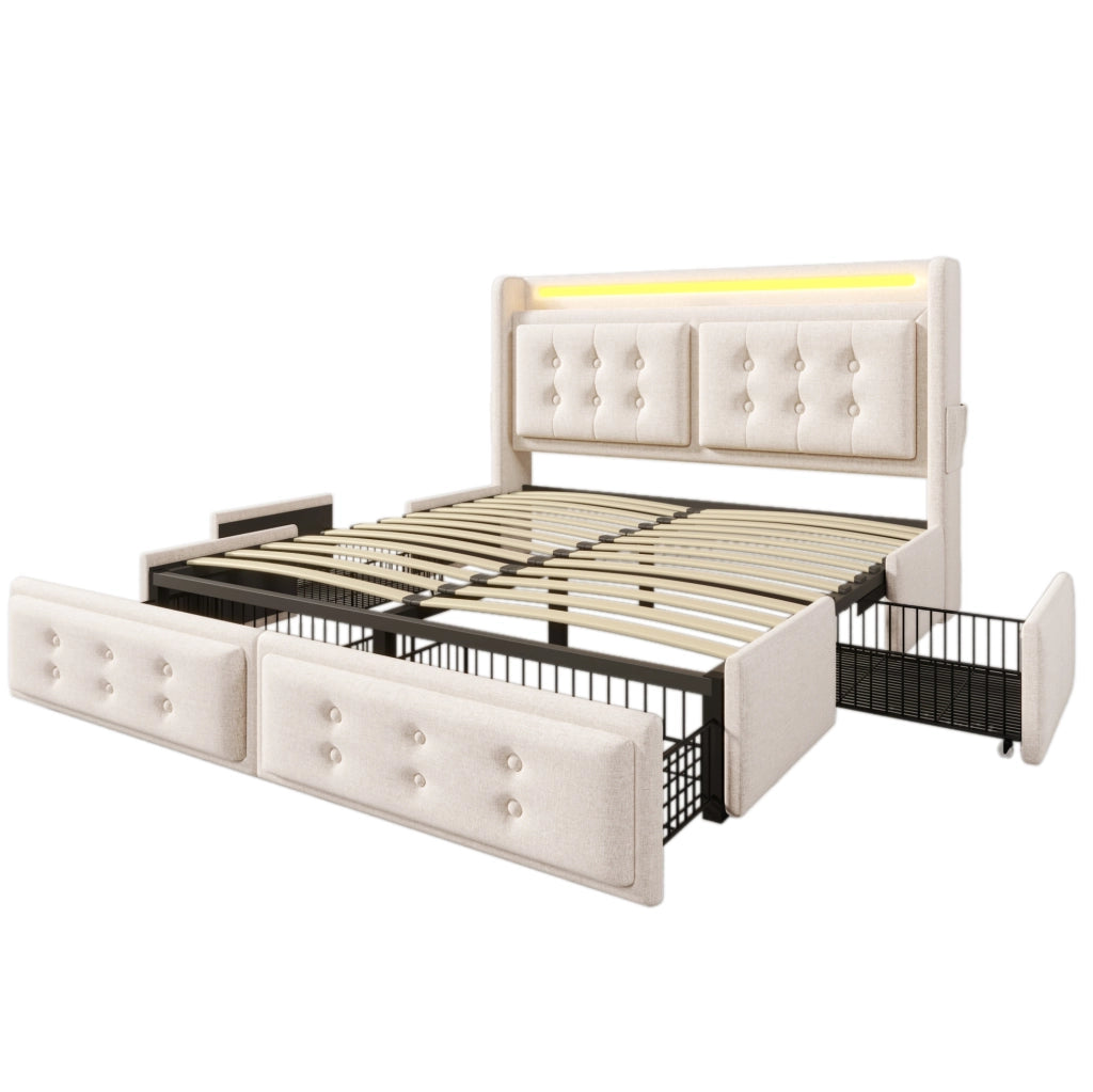 Letto contenitore 140x200 cm con LED; USB C; USB e 4 cassetti; beige