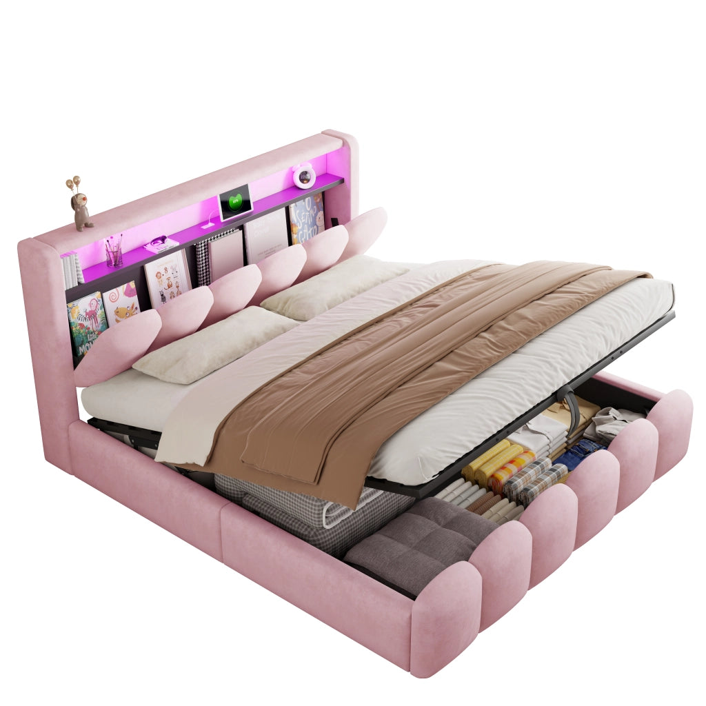 Letto matrimoniale contenitore 180x200 cm con testiera a petalo; LED; USB e USB-C; imbottito in velluto rosa