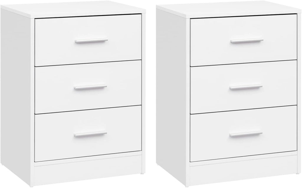Set di 2 Comodini Moderni con 3 Cassetti, Grande Capacità, Tavolino da Letto per Camera da Letto, Soggiorno e Ufficio, 39x28x54cm, Bianco, NTS26hei-2