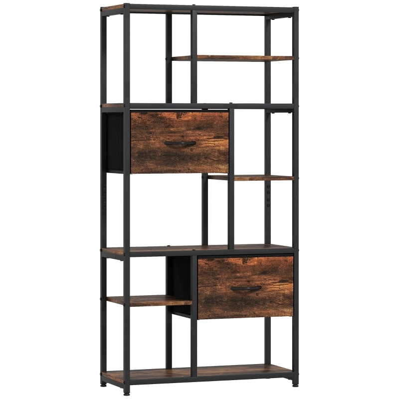 Libreria/scaffale contenitore con 2 cassetti in tessuto, 9 scomparti aperti, struttura in acciaio, Rustic Brown