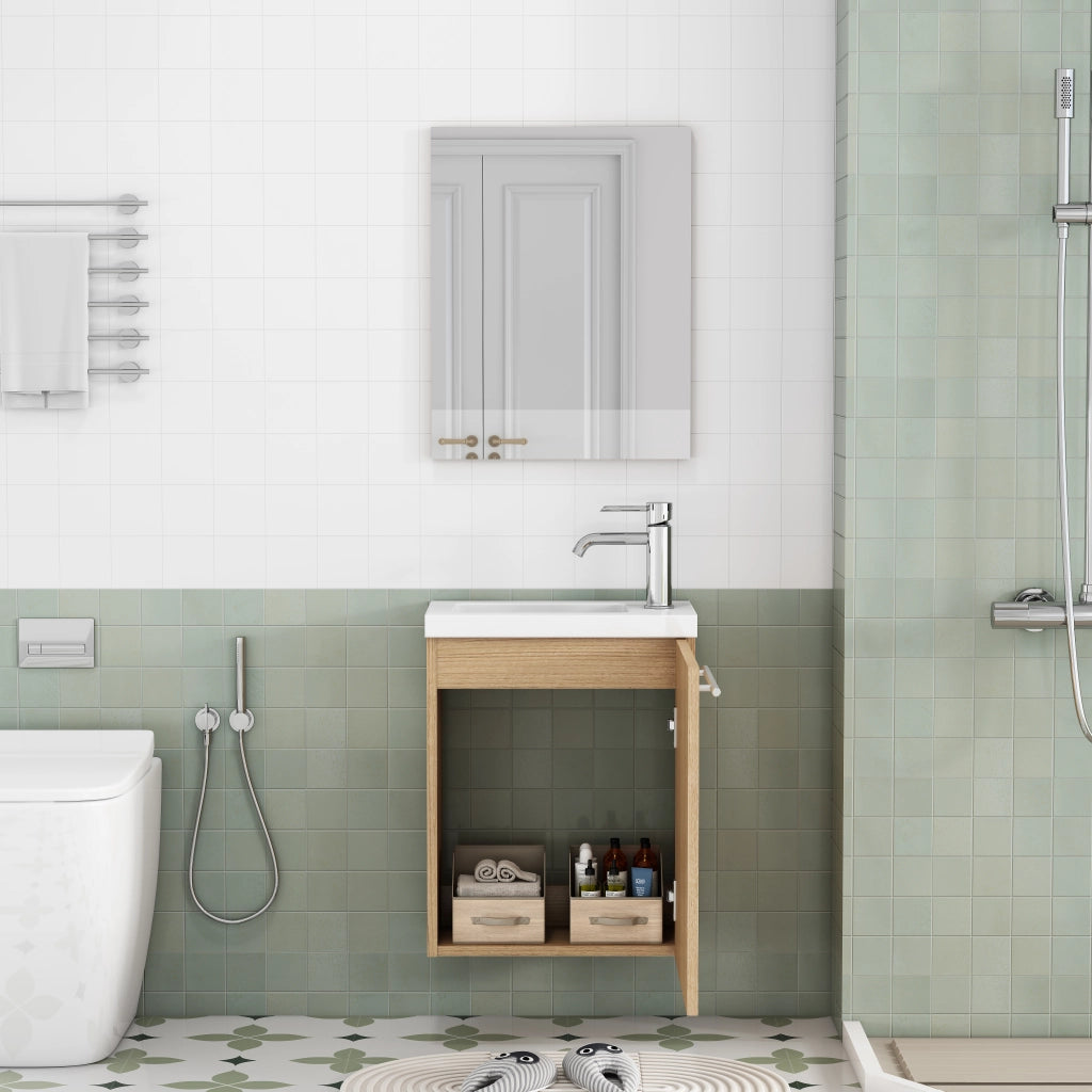 Mobile bagno sospeso con lavabo in ceramica e specchio; cerniere ammortizzate e maniglie in metallo; per bagno; in MDF; rovere