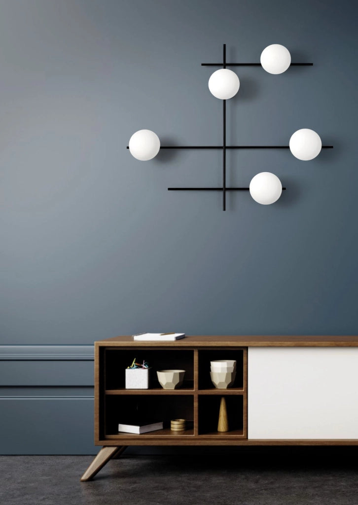 MIKADO LAMPADA DA PARETE O SOFFITTO 5 LUCE  IN METALLO NERO E VETRO SOFFIATO BIANCO D.14CM ATTACCO G9