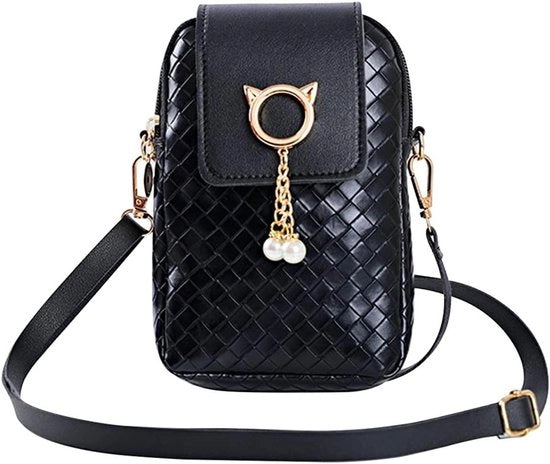 Borsa a tracolla con chiusura a cerniera - Doppia fibbia - Donna - Tasca per smartphone - Borsetta per gioielli - Piccola borsa per corrieri - Cinture regolabili - Nero