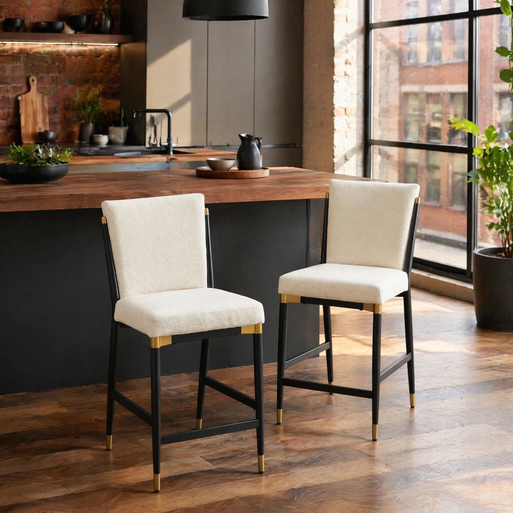 SGABELLO Set da 2 pezzi altezza bancone in tessuto beige con poggiapiedi rettangolare