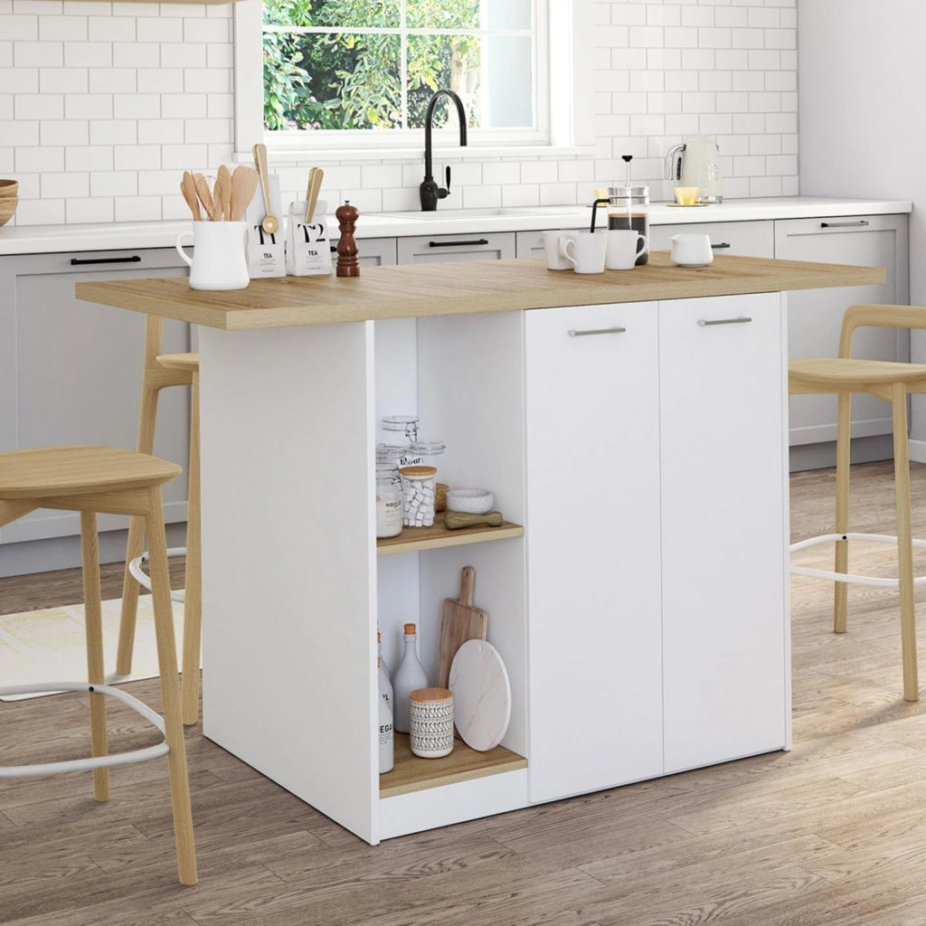 IDMarket - BAO 140 cm 4 persone isola centrale in legno bianco con piano di lavoro effetto faggio