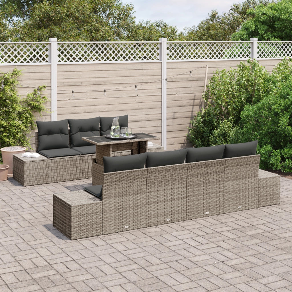 Set di Divani da Giardino in 8 Pezzi con Cuscini Grigio in Polyrattan