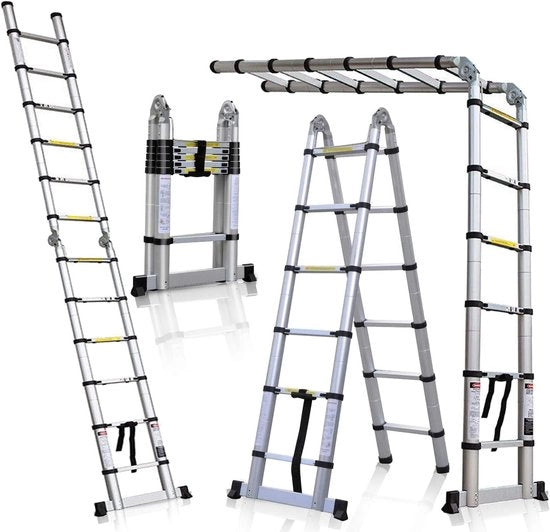 Scala a piattaforme telescopica 2 in 1 pieghevole, capacità di carico 150 kg, lunghezza 5 m