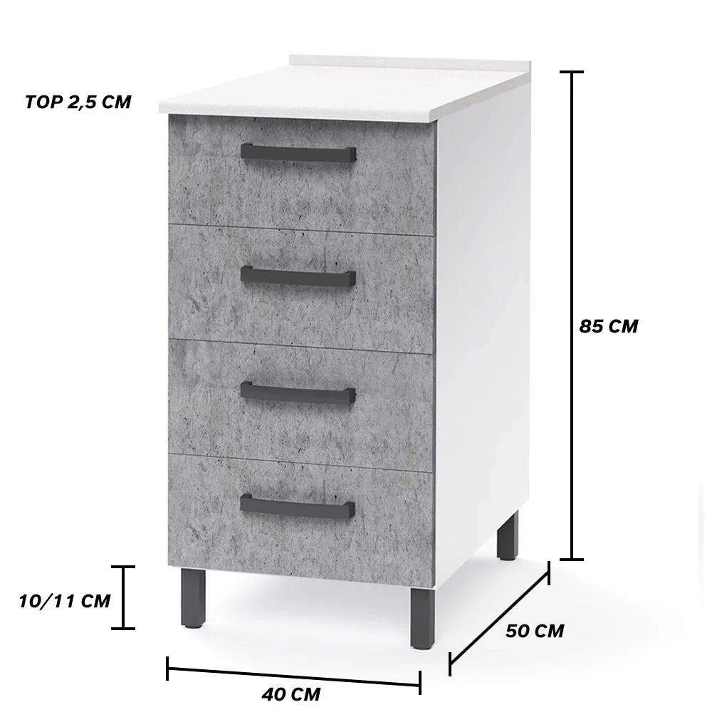 Cassettiera per cucina componibile da 40 cm con 4 cassetti, realizzata in legno 100% MADE IN ITALY colore Cemento
