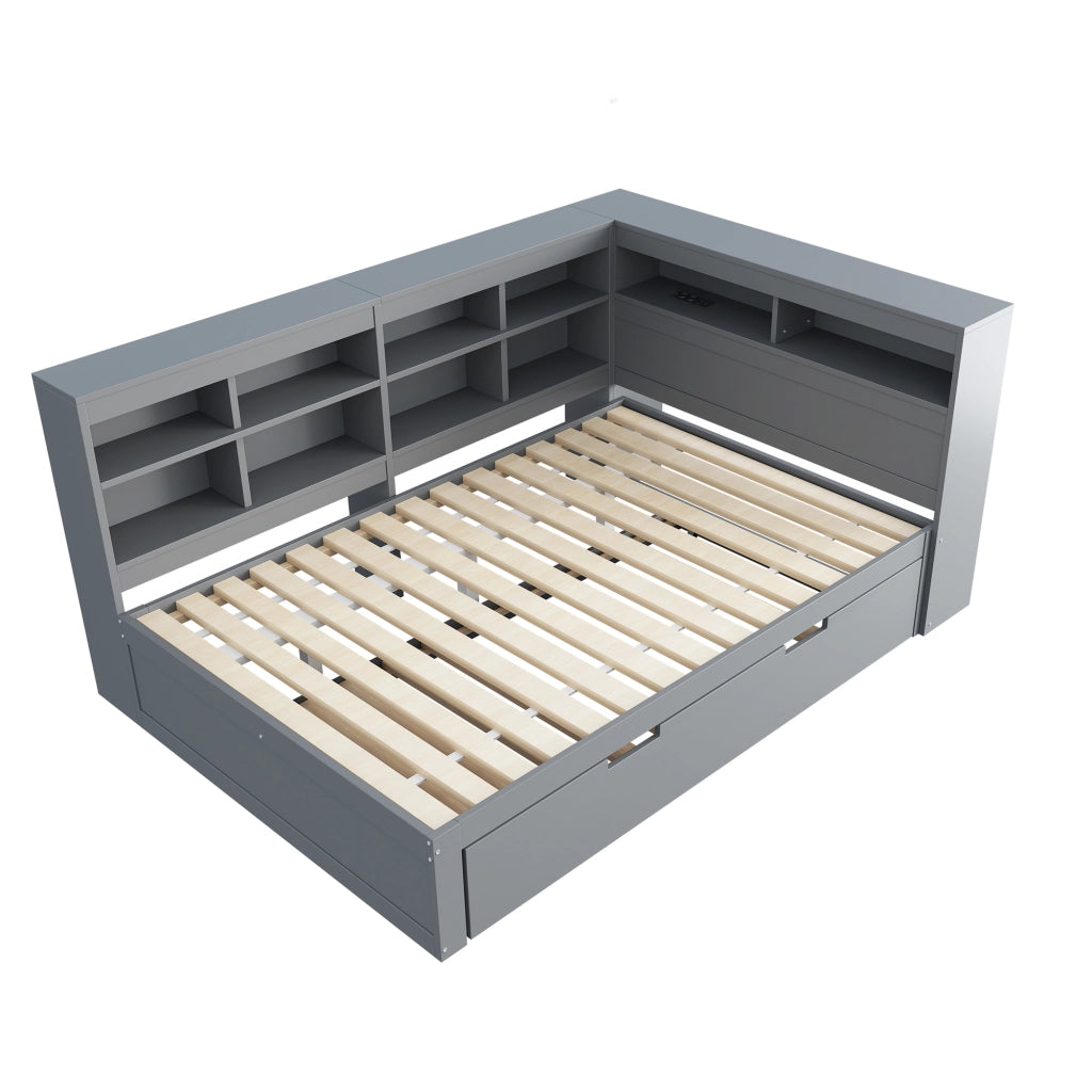 OKWISH Letto estraibile 140×200 cm e 90×190 cm, Letto 3 Posti con USB, Vani Portaoggetti e Mensole, senza Materasso, Legno, Grigio