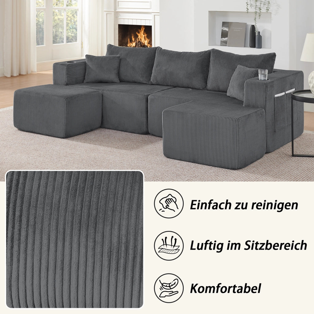 Divano angolare modulare 3 posti con pouf mobili, portabicchieri, tasche laterali e cuscini in tessuto a coste grigio
