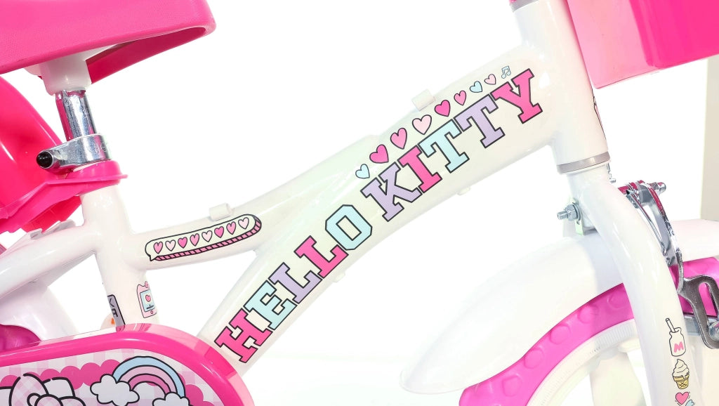 HELLO KITTY 12", bicicletta per bambini, adatta a bambini tra i 3 e i 5 anni, per altezza tra 85 e 105 cm, cestino, trom