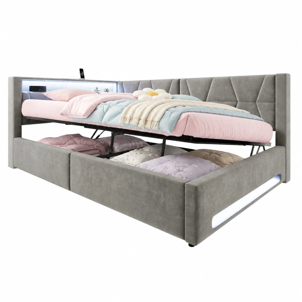 Letto imbottito 140x200 cm con contenitore, LED, USB e Type-C