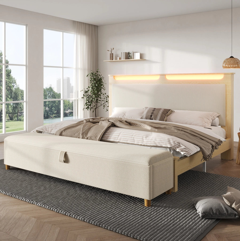 Letto 160x200 cm con LED e contenitore in legno e velluto a coste beige