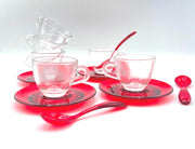 Set 6 Tazze Tazzine caffe' in vetro con piattini e cucchiaini in plastica rosso