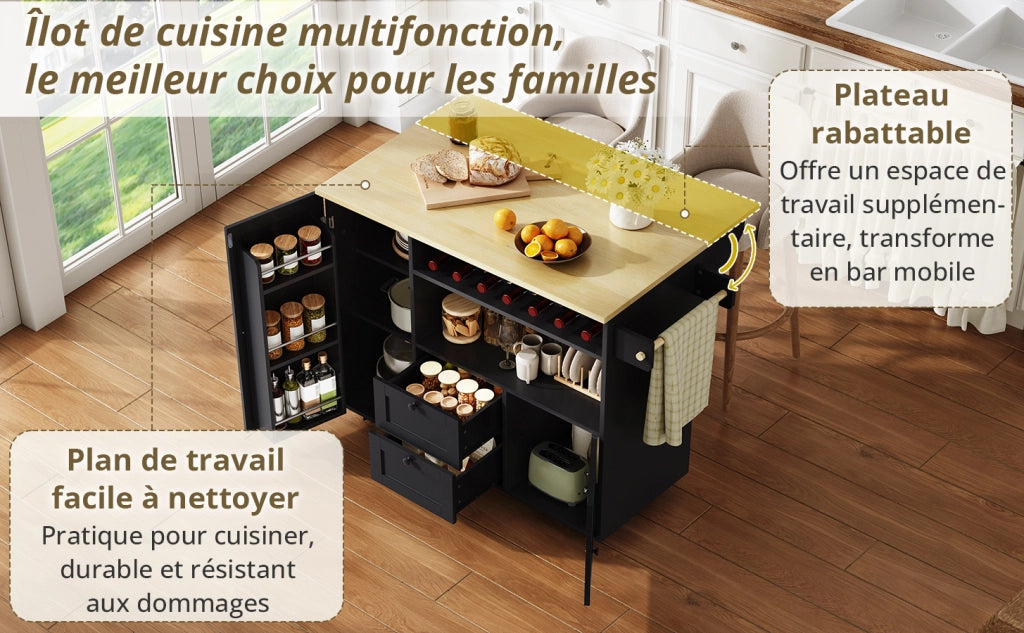 CARRELLO ISOLA CUCINA 104x45(69)x89 cm in MDF Natural/Black, piano ribaltabile