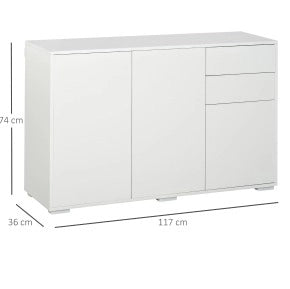 Credenza bianca con 2 cassetti e 3 ante, armadio versatile 117x36x74 cm