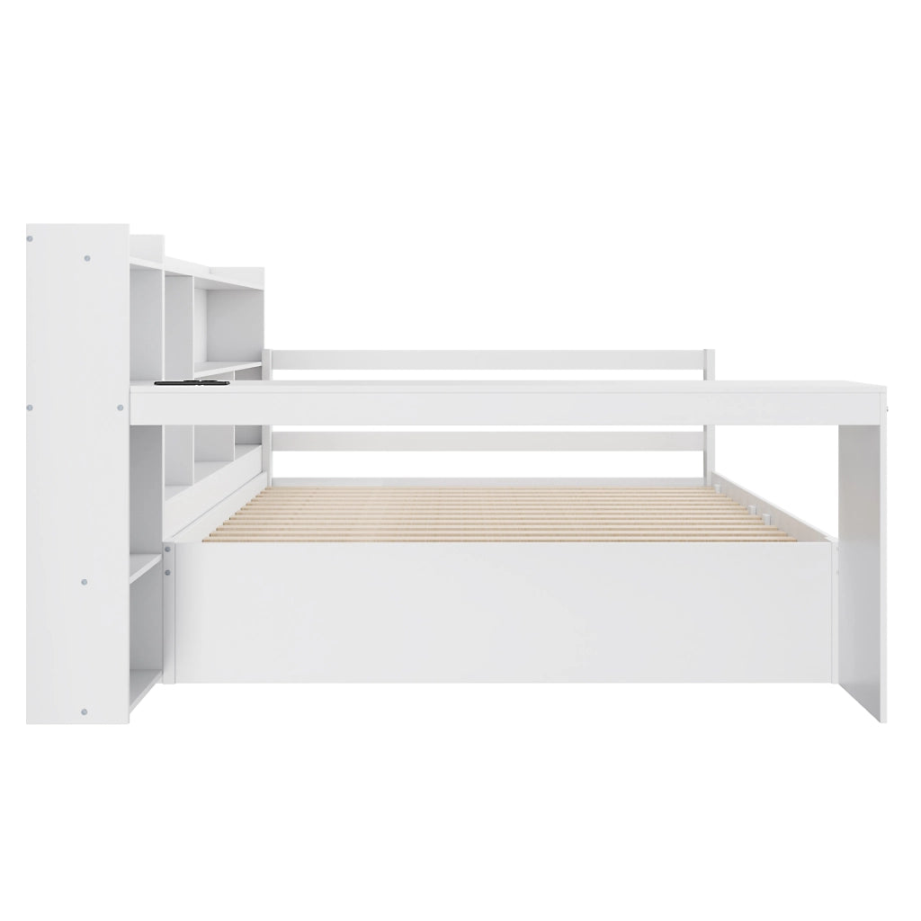 OKWISH Letto Divano 140×200 cm, Letto Matrimoniale con Letto Estraibile, Scrivania, Scaffali, USB e Prese, senza Materasso, in Legno, Bianco