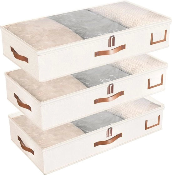 Scatola di Stoccaggio sotto il Letto 3-pack - Copertura di Stoccaggio 52L - Organizzatore di Abbigliamento con Struttura Solida e Tessuto Ultra Spesso - Bianco