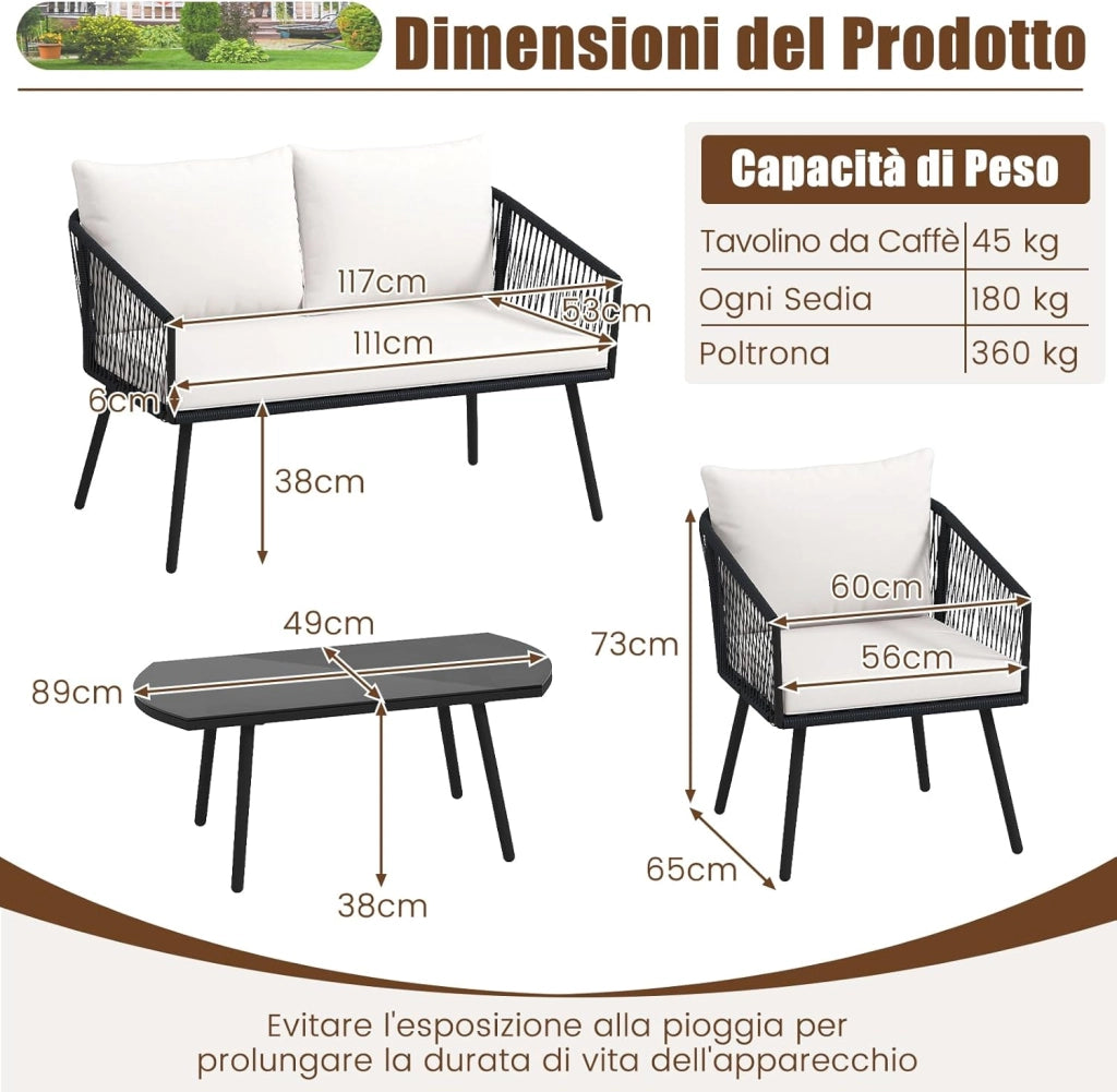 Set di 4 Pezzi in Corda PE da Giardino, Set Bistrò con Divano, Tavolino in Vetro Temperato, 2 Poltrone e Cuscini, Mobili da Giardino da Esterno per Cortile e Piscina