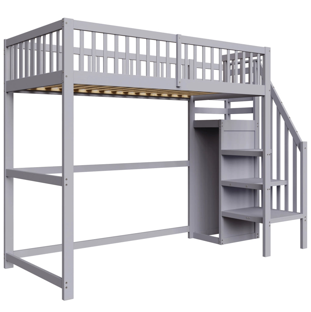 Letto a soppalco per bambini 90x200 cm con scala e armadio in grigio