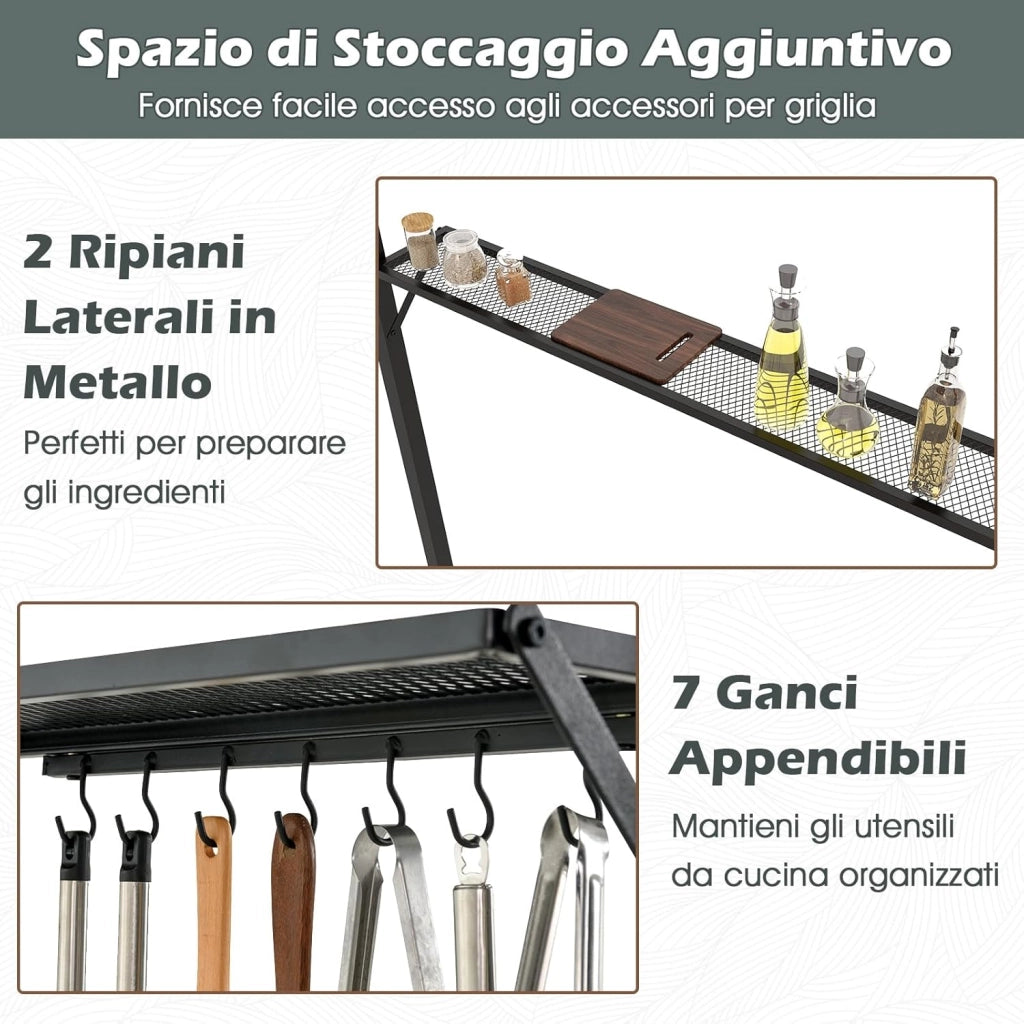 Gazebo per Barbecue 240 x 151 cm, Pergola per BBQ con con 2 Ripiani, 7 Ganci, Struttura in Metallo e Tetto Morbido, Tenda per Picnic e Barbecue per Giardino, Piscina e Terrazza (Grigio)