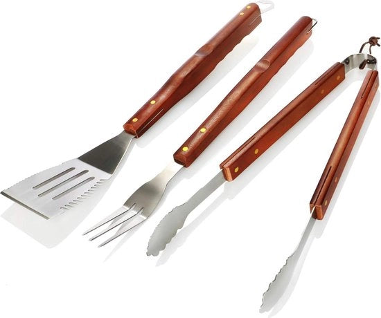 Griglia 3 in 1 di acciaio inossidabile - forchetta griglia spatola griglia - accessori BBQ con maniglia in legno - marrone (set di 3)