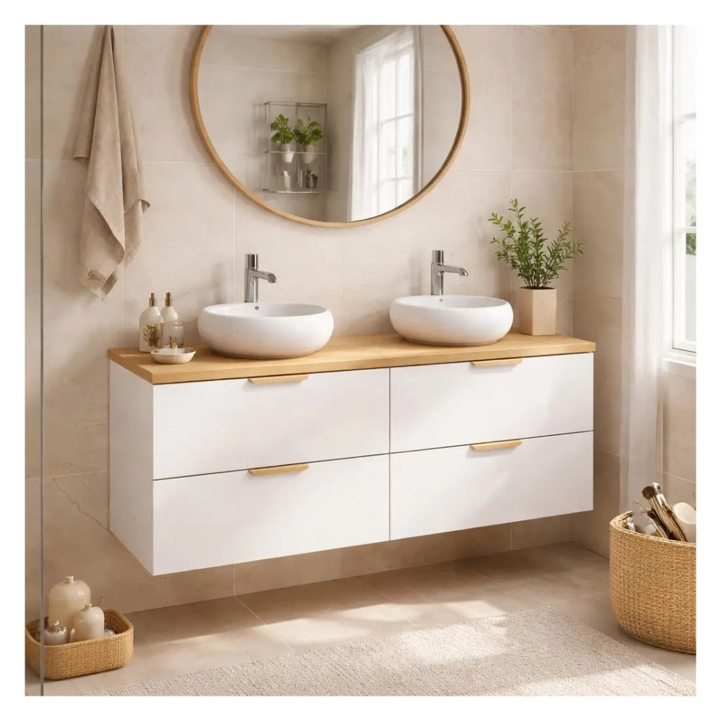 Set da bagno OSTER 120cm: mobile con cassetti sotto il lavabo + piano per il lavabo + lavabo da appoggio rotondo bianco