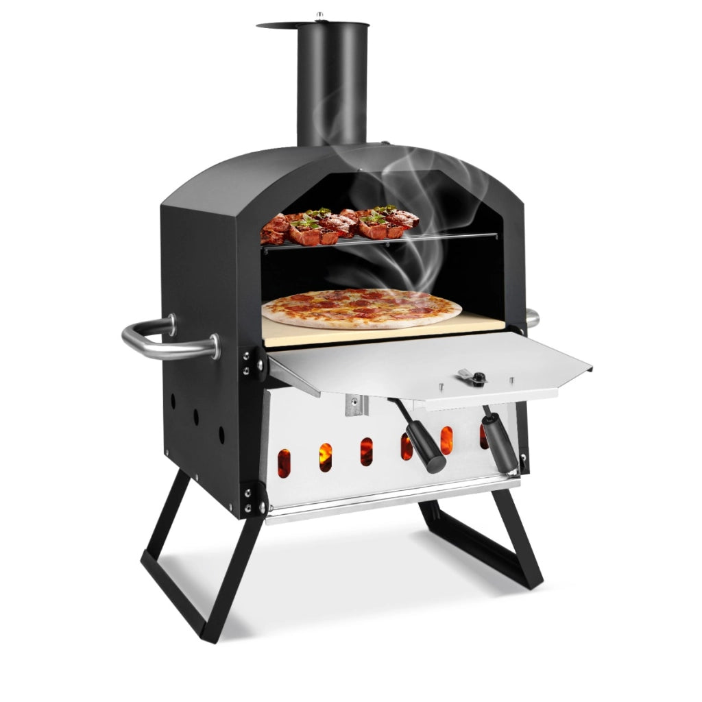 Forno per pizza all'aperto a 2 strati con manici antigraffio gambe pieghevoli, Fornello per pizza a legna Nero-Strumenti cucina
