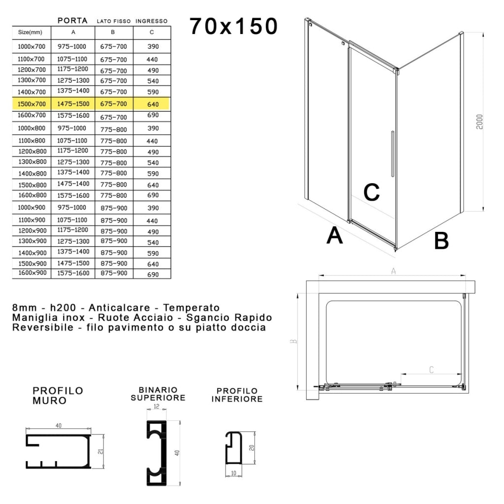 Box doccia due lati in cristallo 8mm h200cm anticalcare target, misura 70x150
