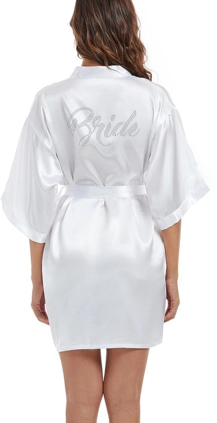 Kimono da Sposa Donna, Badia di Satin, Piuma Leggera, Camicia da Notte Corta, Bianco, L
