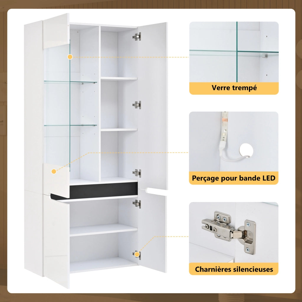 Vetrina verticale 80x35x180 cm con 4 ante; LED Bluetooth e ripiani in vetro regolabili; MDF bianco
