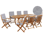 Set da pranzo da giardino con tavolo ovale sedie pieghevoli con cuscini grigi a 8 posti Maui design rustico