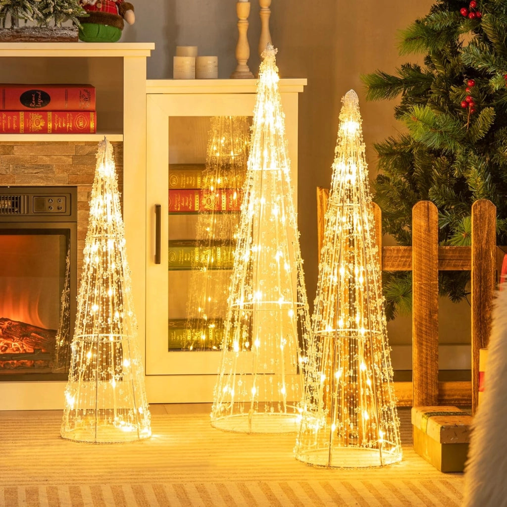 Set di 3 Alberi di Natale a Forma di Cono, Set di Alberi Conici Decorativi per Natale con Luci a LED Calde Bianche, Decorazioni Illuminate per Interni ed Esterni