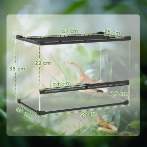 Terrario in vetro per rettili 50 x 30 x 35 cm, base impermeabile, sportelli frontali, nero