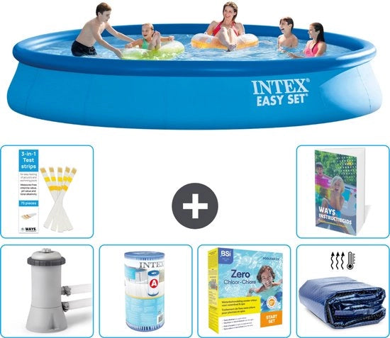 Piscina Rond Opblaasbar Easy Set - 457 x 84 cm - Blu - Inclusa Pomp e Filtro - Kit di Manutenzione - Ombrello Solare - 7 pezzi