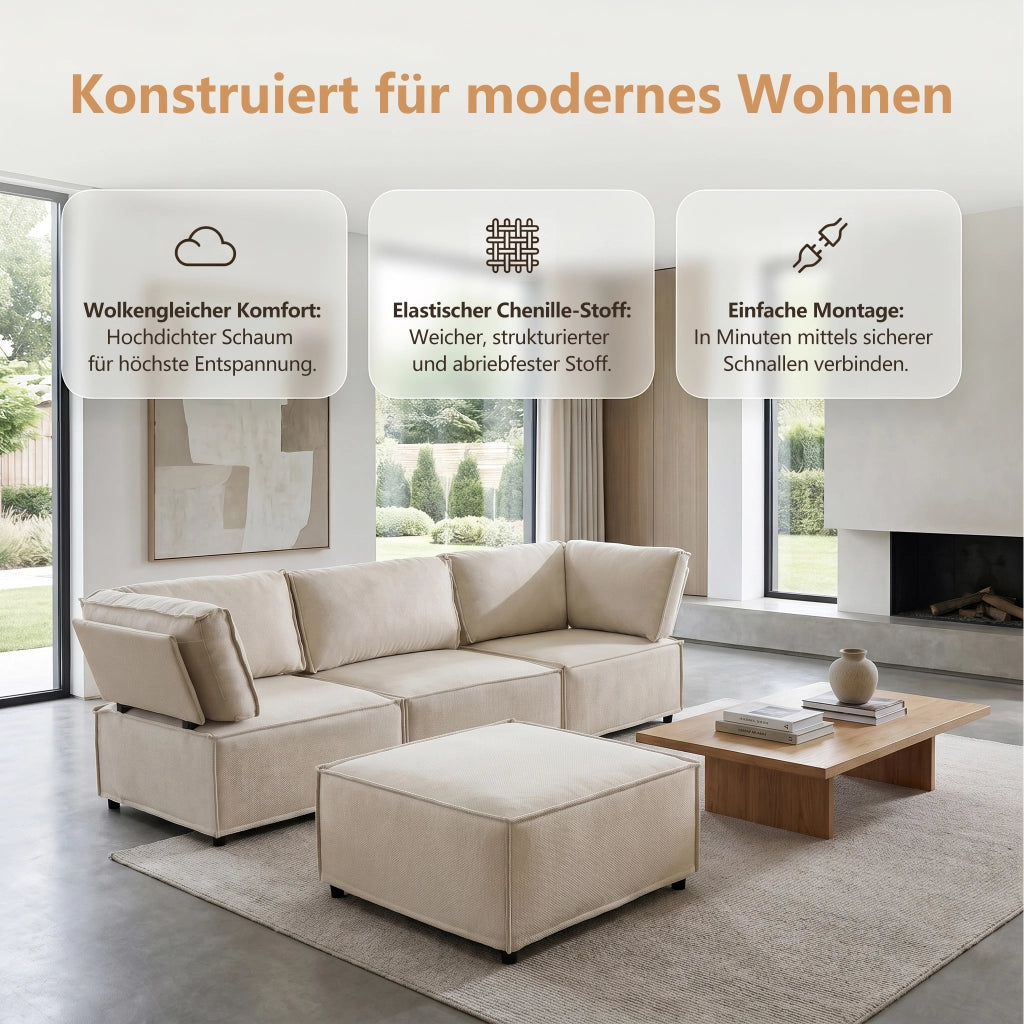 Divano modulare in legno con funzione letto e struttura flessibile in tessuto beige per soggiorno 238 × 154 × 75 cm