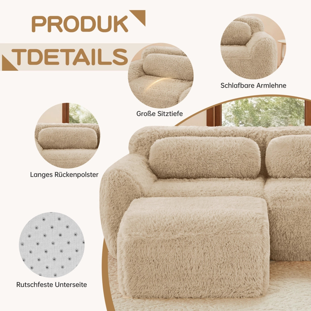 OKWISH Divano Modulare 2 Posti, Design Senza Struttura e Composizione Libera con Cuscini, Tessuto Peluche, Cachi Chiaro