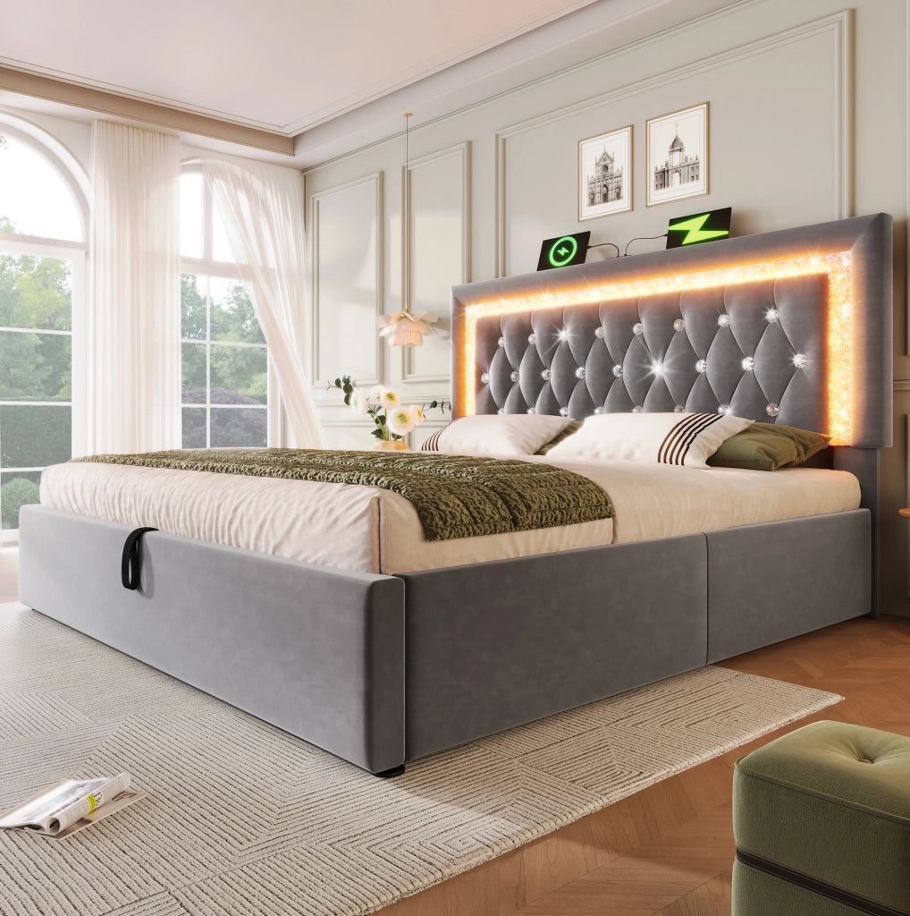 Letto matrimoniale imbottito con contenitore; LED; USB e Type-C; 140x200 cm; grigio