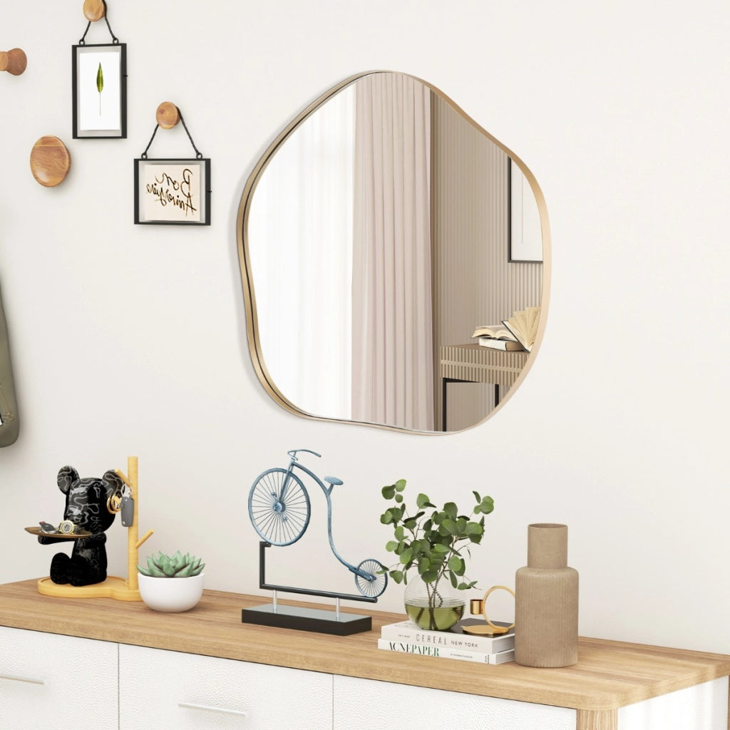 Specchio da parete irregolare 75x70cm, Specchio asimmetrico con cornice in metallo e viti di espansione Oro-Specchi da parete