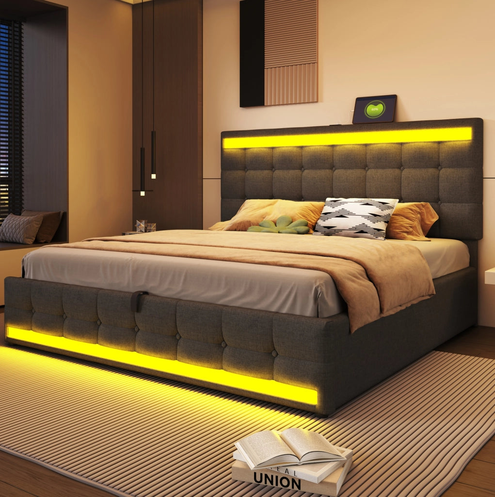 Letto imbottito 180x200 cm con LED RGB e USB; stoffa grigio