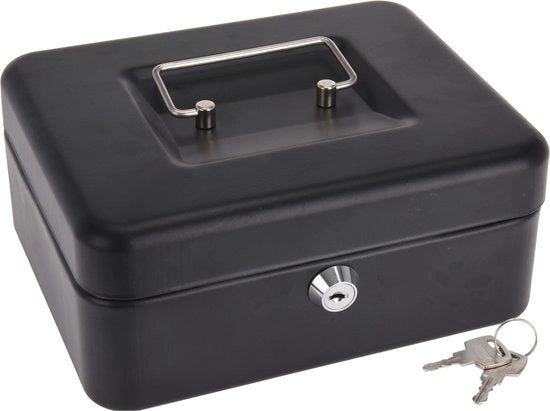 Cassaforte in metallo nero con chiusura a serratura da 20 cm - Cassetto per risparmio - Contenitore per monete