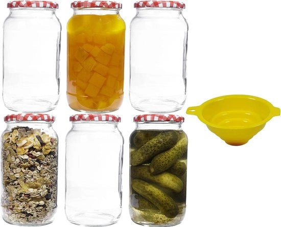 6 Weckpoti 1 litro con tappo a viti rosso/bianco a righe, inclusa ciotola
