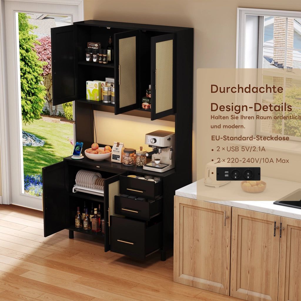 Mobile Dispensa 100x40x183 cm Nero con LED App; 2 Prese; 2 USB; 3 Cassetti e Ante Effetto Rattan