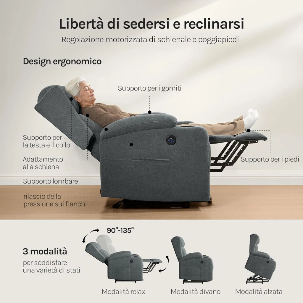 Poltrona Elettrica Reclinabile, Sedia Massaggiante con Alzapersone, Riscaldamento, Poggiapiedi, Tasche Laterali, Porta USB, Portabicchieri, per Soggiorno, Tessuto Spugna, Grigio, SKS61gr