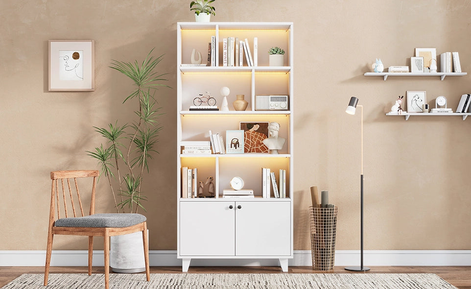 Libreria 80x30x173 cm in MDF bianco， LED via app， 2 ante